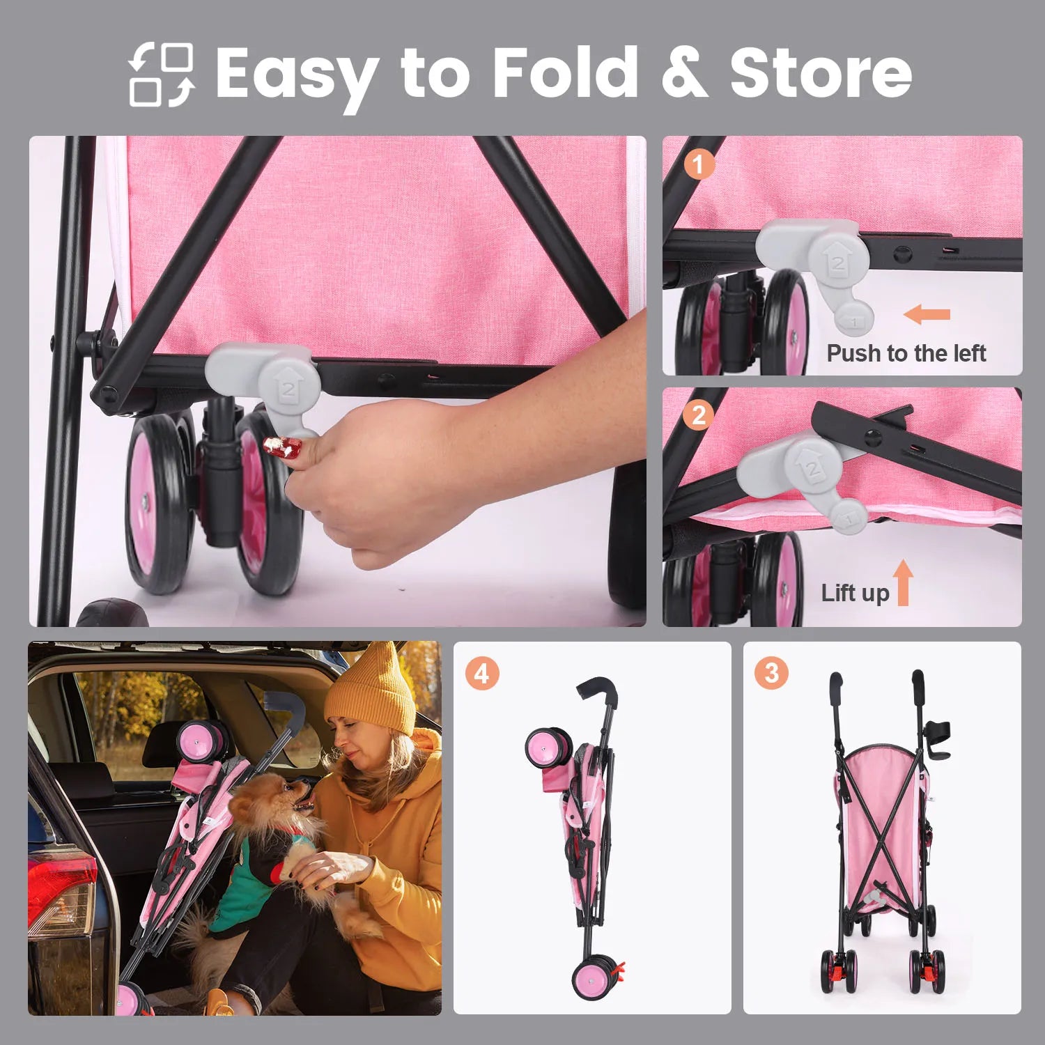 Pet Dog Stroller 4 Wheels Puppy Stroller Rotate with Brakes Storage for Dogs Cats