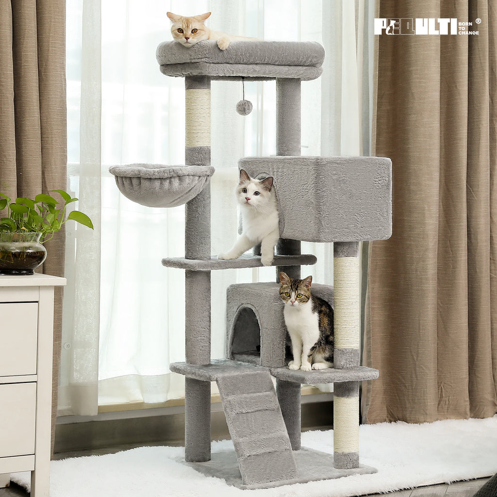 Indoor Cat House with Padded Plush Perch Cozy Hammock and Sisal Scratching Posts
