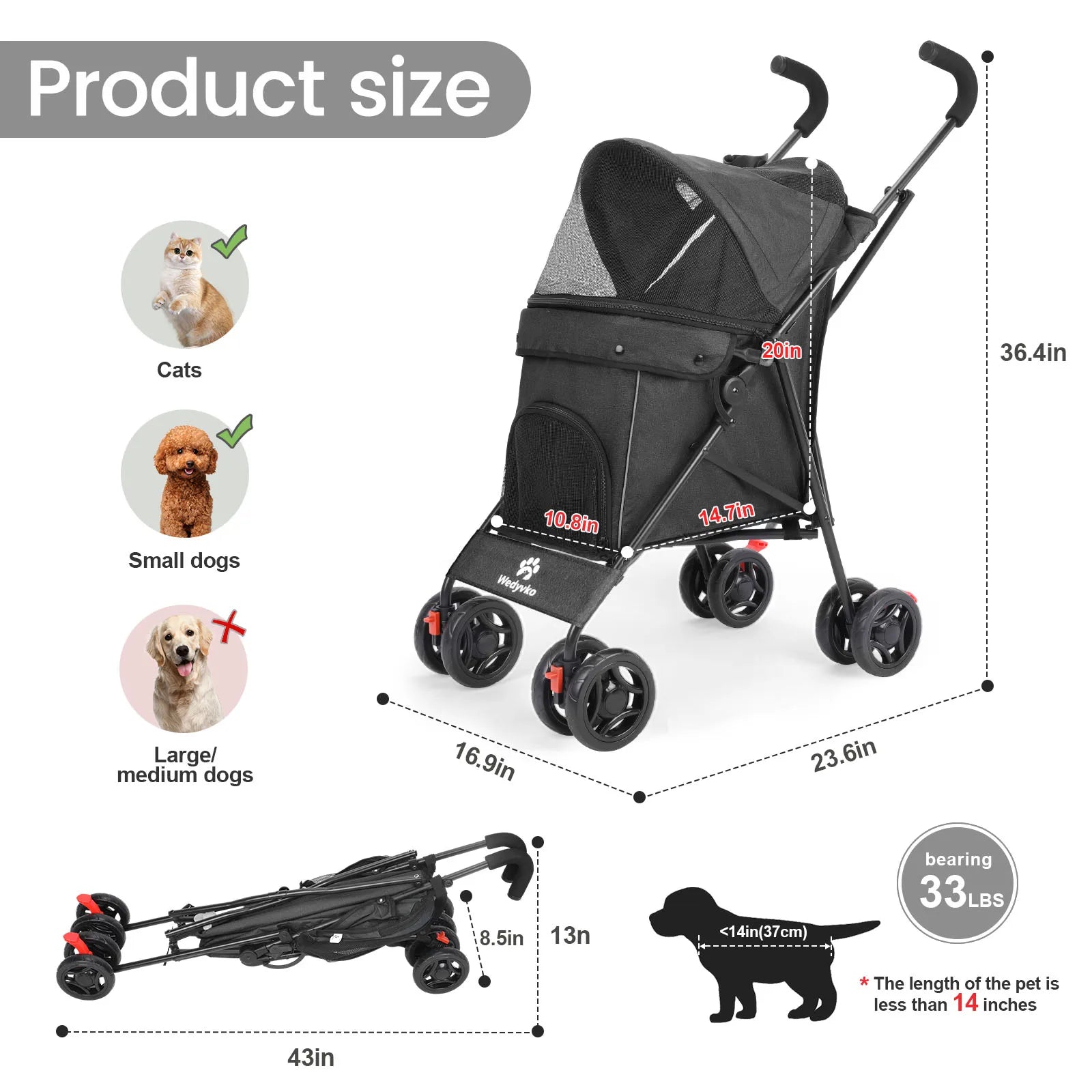 Pet Dog Stroller 4 Wheels Puppy Stroller Rotate with Brakes Storage for Dogs Cats