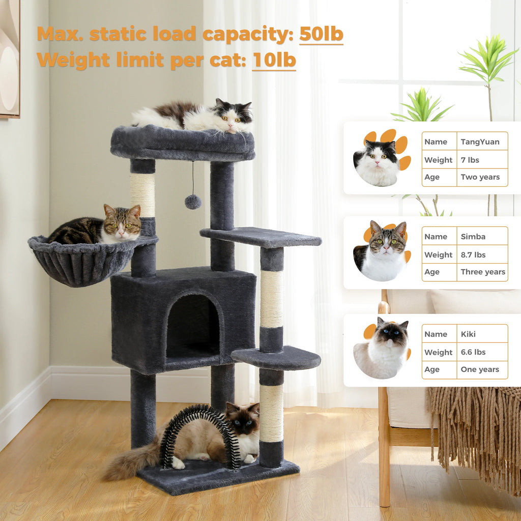 Indoor Cat House with Padded Plush Perch Cozy Hammock and Sisal Scratching Posts