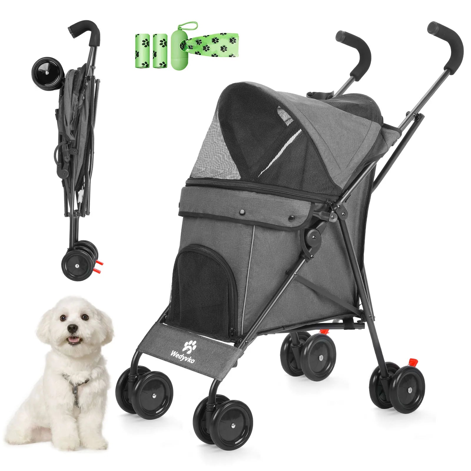 Pet Dog Stroller 4 Wheels Puppy Stroller Rotate with Brakes Storage for Dogs Cats