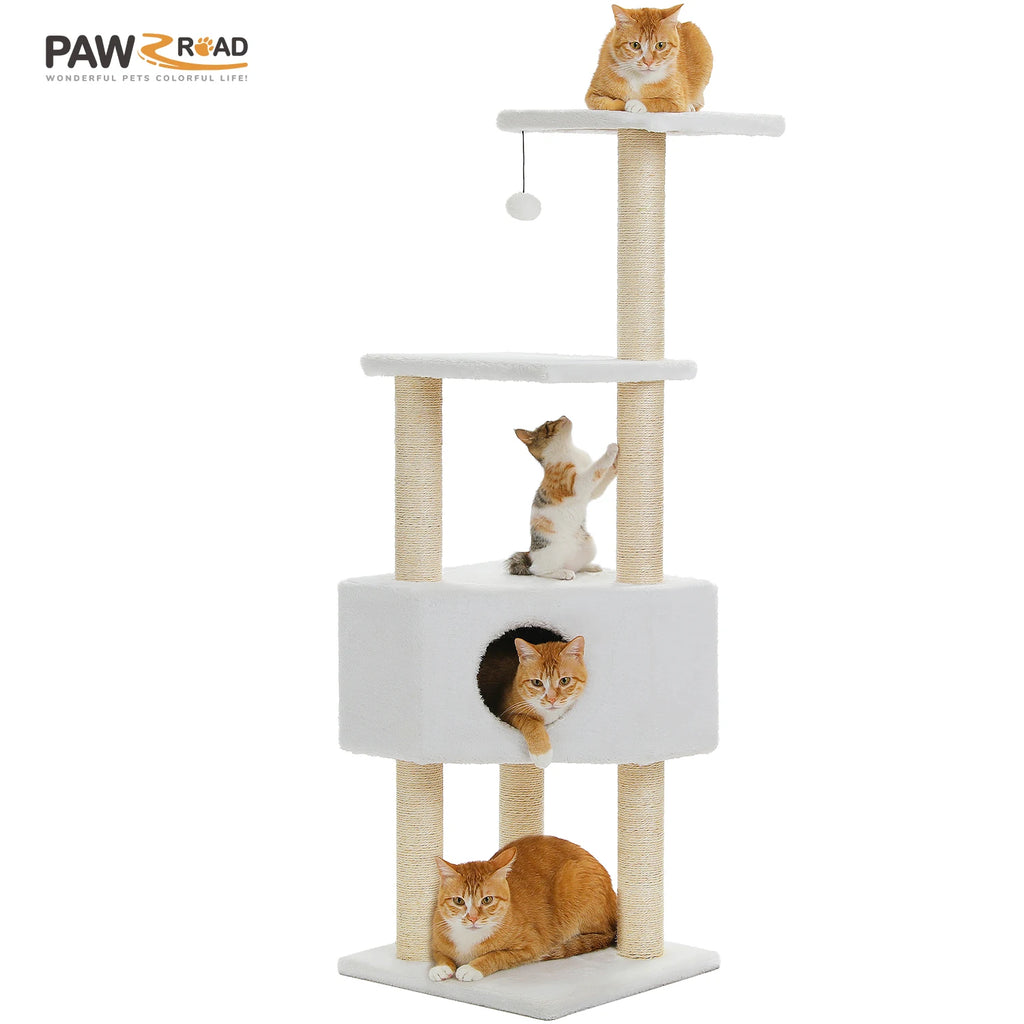 Indoor Cat House with Padded Plush Perch Cozy Hammock and Sisal Scratching Posts