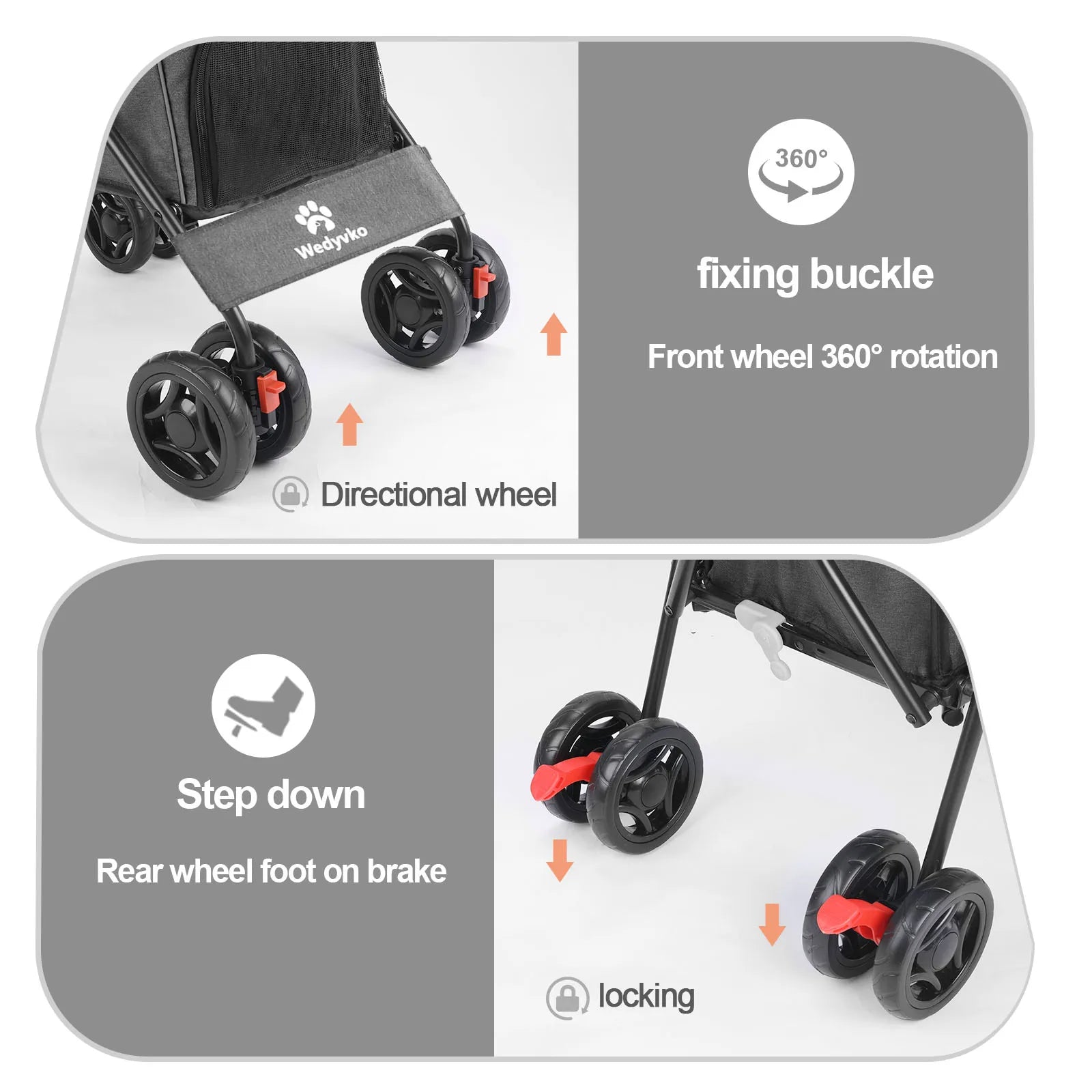 Pet Dog Stroller 4 Wheels Puppy Stroller Rotate with Brakes Storage for Dogs Cats
