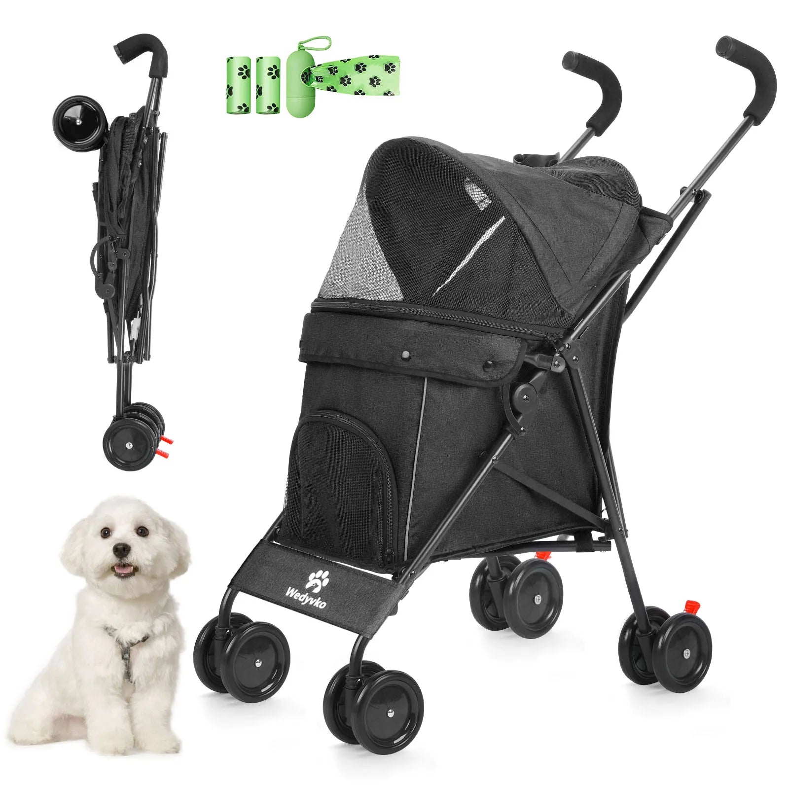 Pet Dog Stroller 4 Wheels Puppy Stroller Rotate with Brakes Storage for Dogs Cats