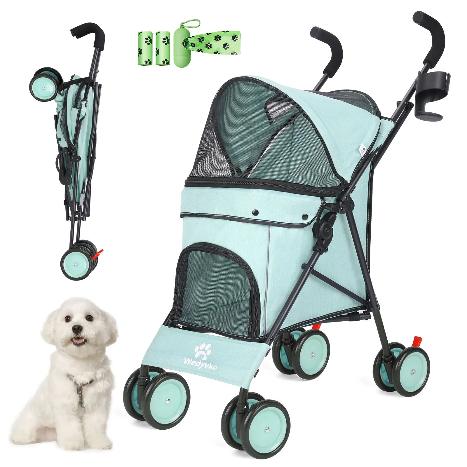 Pet Dog Stroller 4 Wheels Puppy Stroller Rotate with Brakes Storage for Dogs Cats