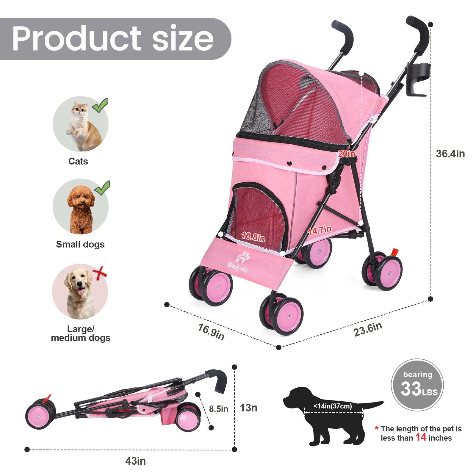 Pet Dog Stroller 4 Wheels Puppy Stroller Rotate with Brakes Storage for Dogs Cats