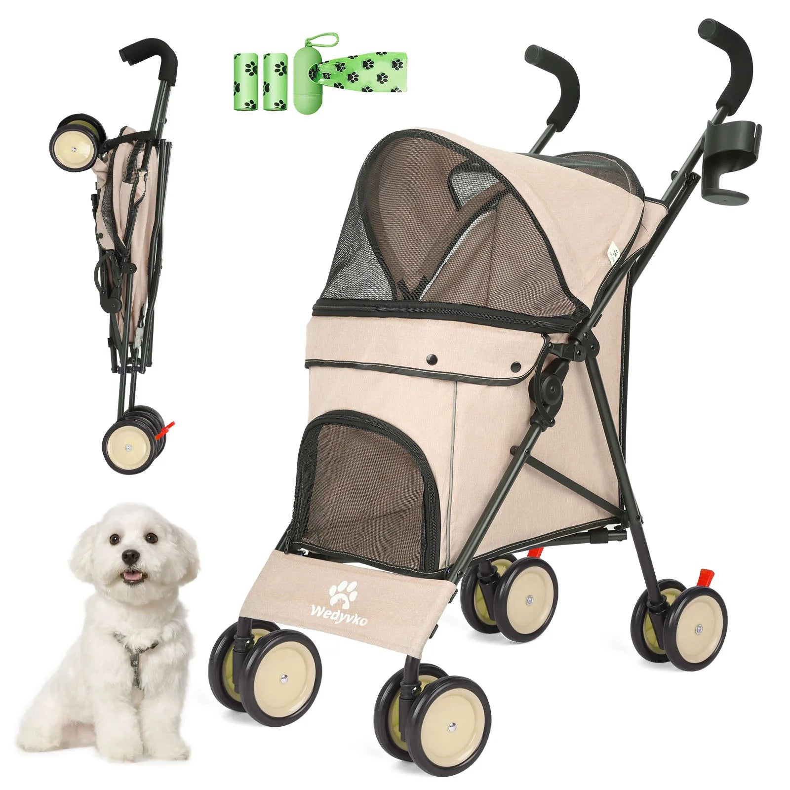 Pet Dog Stroller 4 Wheels Puppy Stroller Rotate with Brakes Storage for Dogs Cats