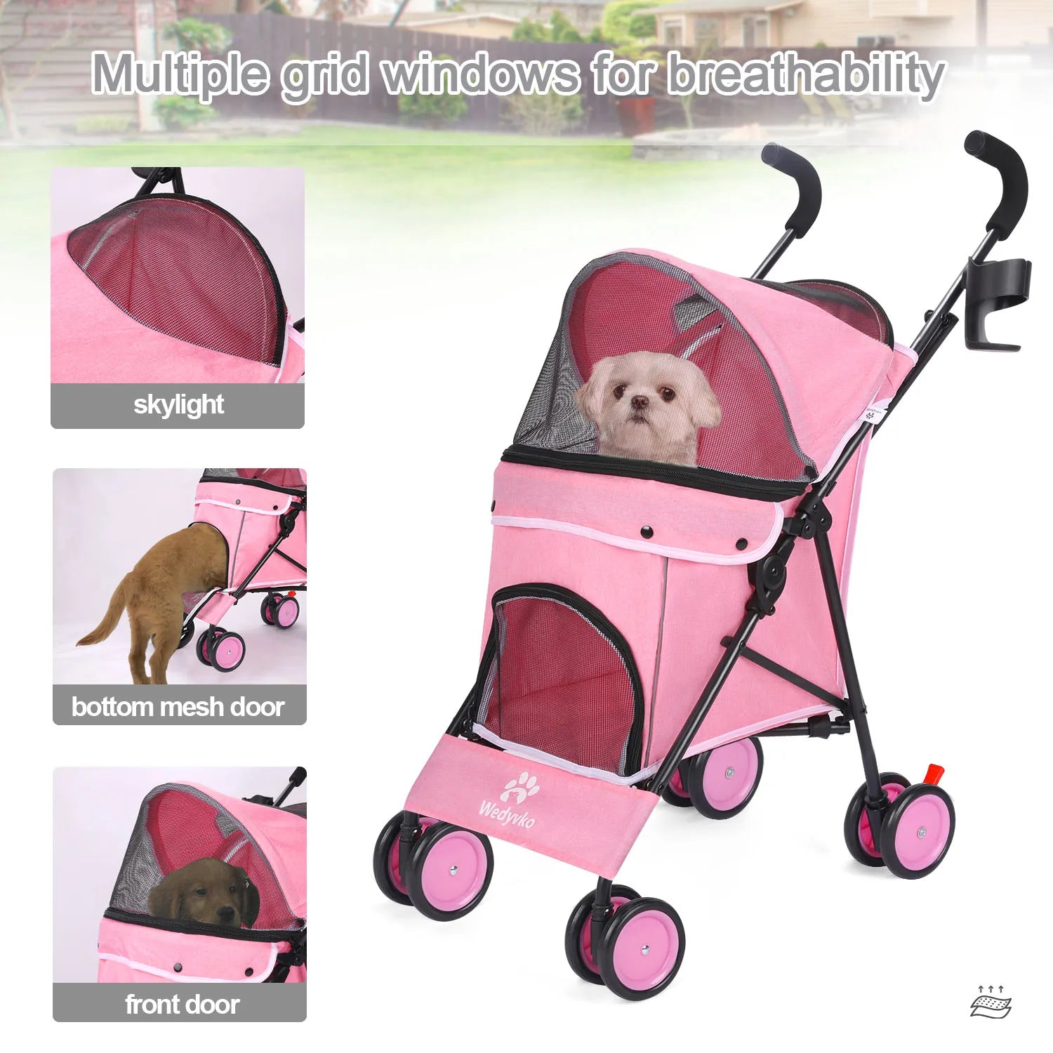 Pet Dog Stroller 4 Wheels Puppy Stroller Rotate with Brakes Storage for Dogs Cats