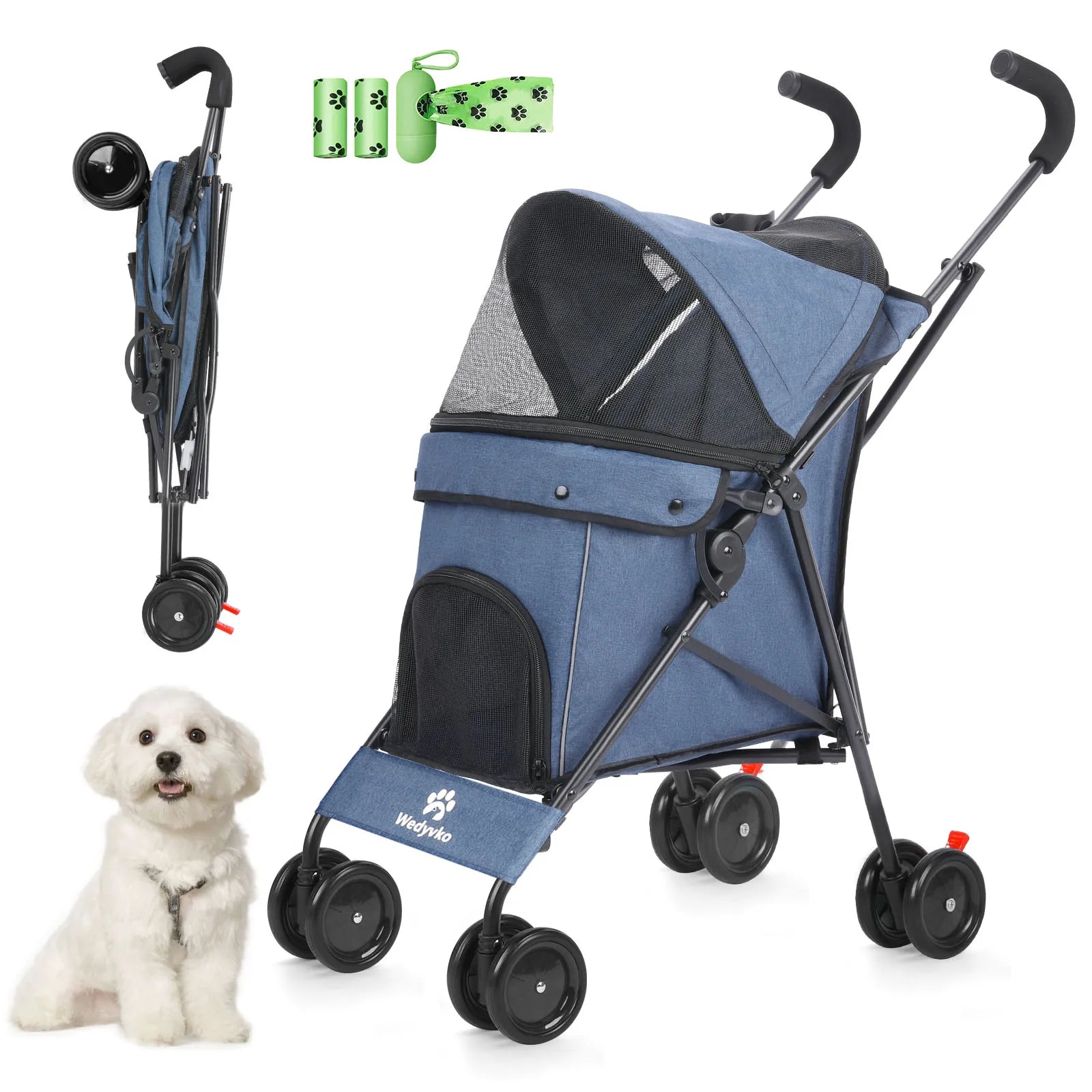Pet Dog Stroller 4 Wheels Puppy Stroller Rotate with Brakes Storage for Dogs Cats
