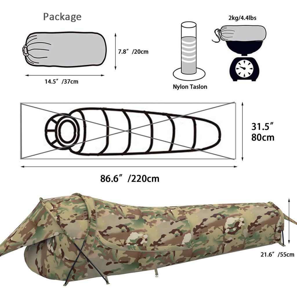 MT Military Hideaway Bivy Cover Stealth Compact Single-Pole Hooped Tent  Mosquito Net Mesh