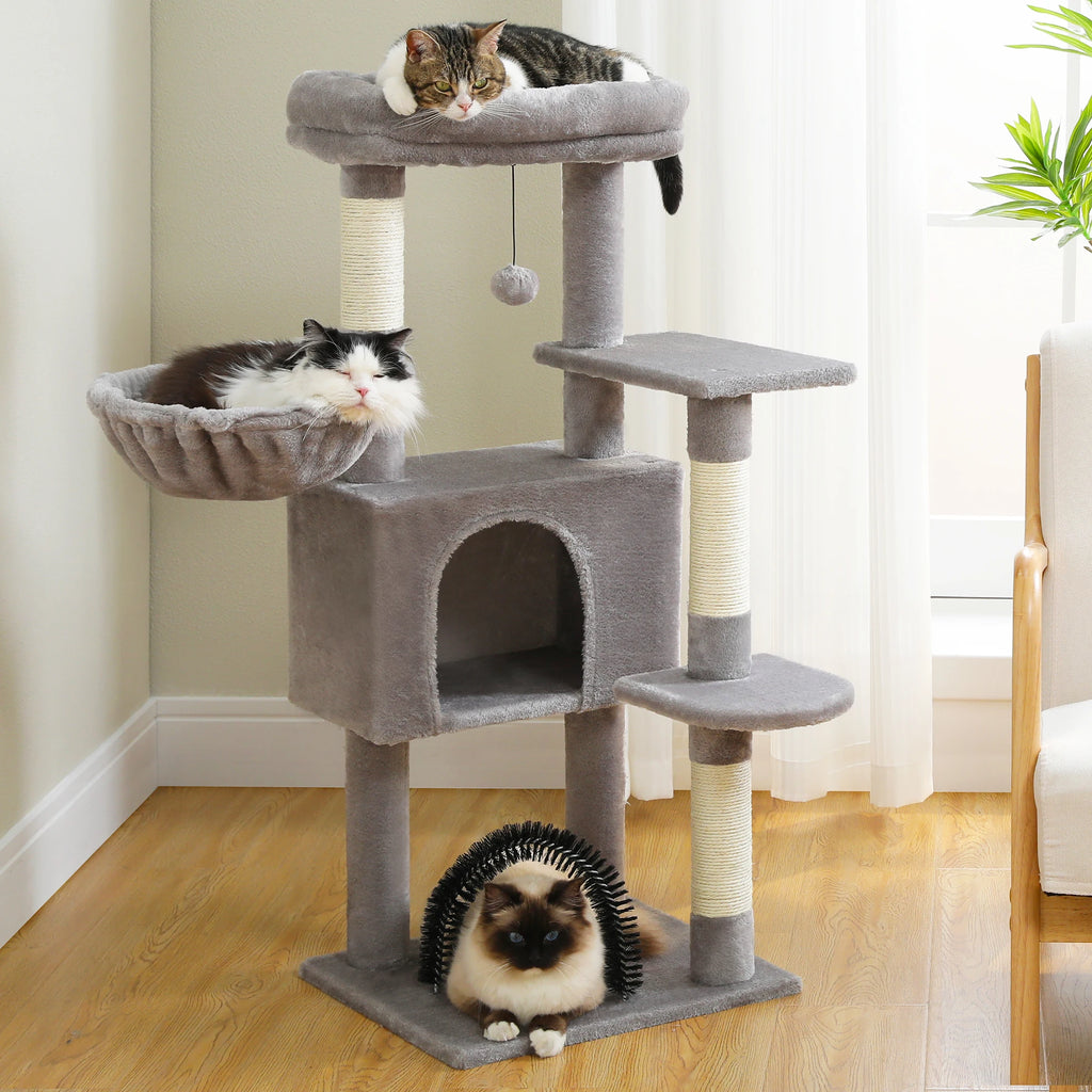 Indoor Cat House with Padded Plush Perch Cozy Hammock and Sisal Scratching Posts