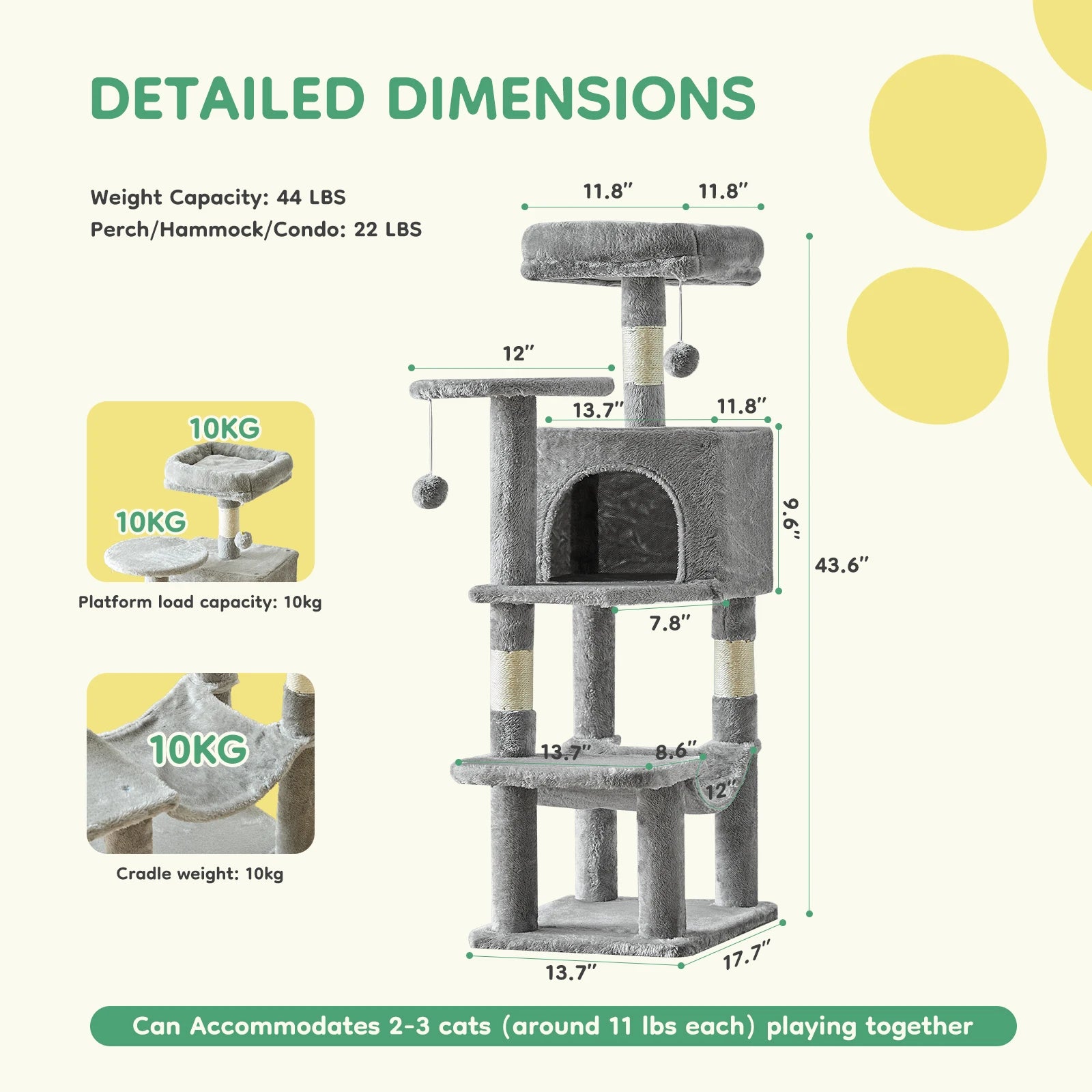 JHK 44In Cat Tree Tall Multi-Cat Climbing Tower for Pet Furniture Natural Sisal Scratching